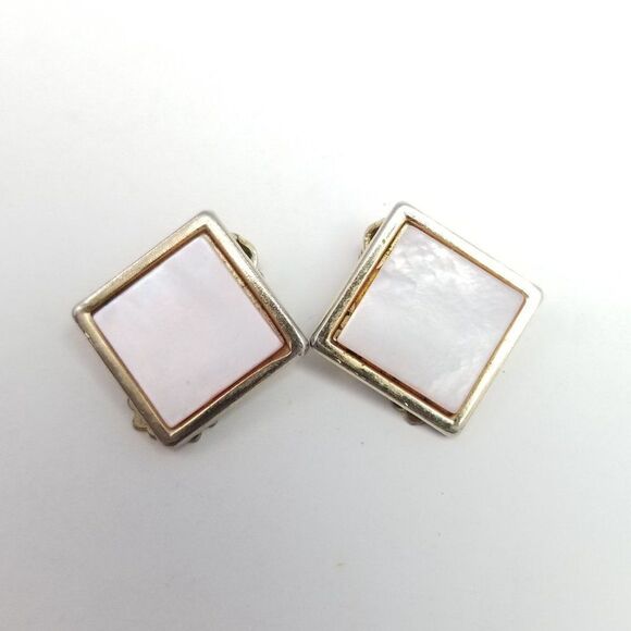 Vintage Square Clip On Earrings, White and Gold Tone Setting, Minimal Estate - Picture 2 of 6
